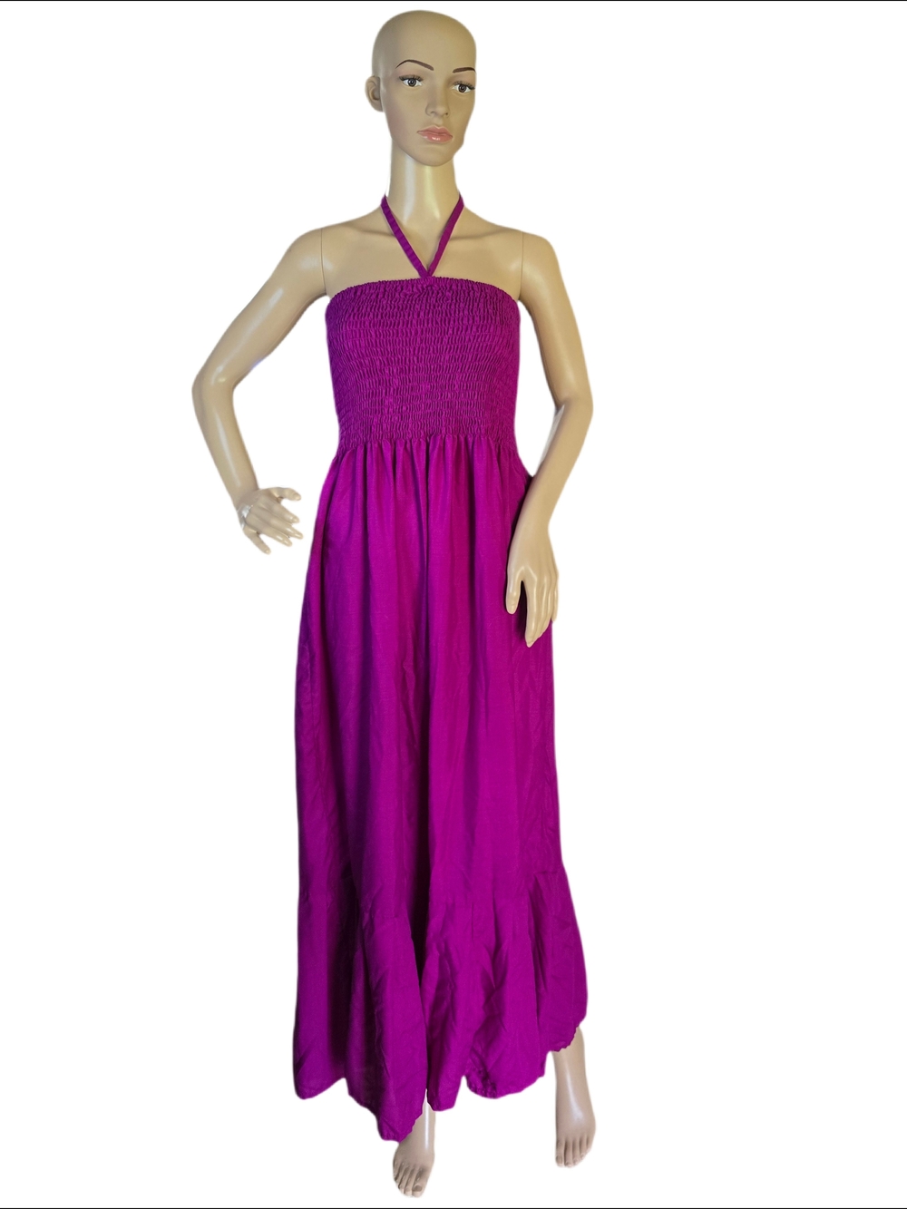 Halter to Strapless Smocked Maxi Coverup in Fuchsia